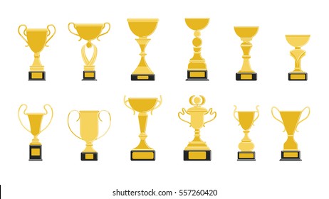 Golden cups set on white background. Trophies for first place.