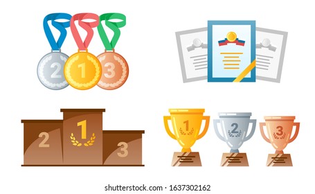 Golden cups for winners and others sport trophy. Golden reward and gold trophy. Vector illustration.	