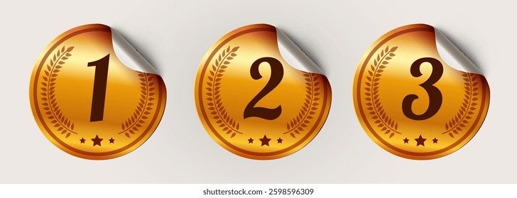 Golden curled stickers on white background. 1st,  2nd, 3rd place. Vector illustration
