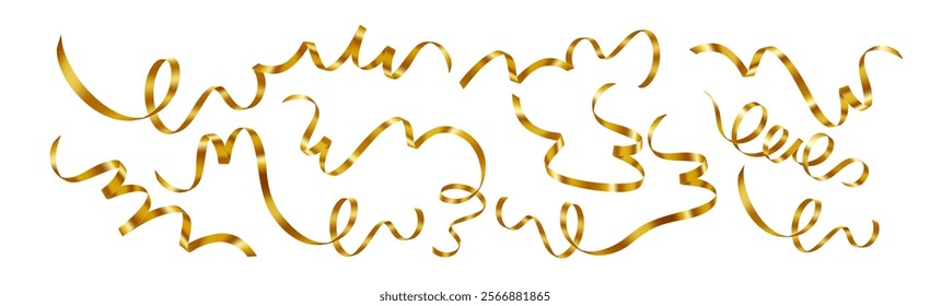 Golden Curly Ribbon Streamers for Celebrations and Festive Decor. Golden curly ribbons celebrations with bright, shimmering designs perfect for parties and cheerful events. Vector illustration EPS10