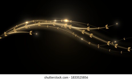 Golden curly vines. Motion wavy design, abstract golden ray background