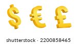 Golden currency symbols. Volume 3d signs of dollar and euro pound sterling banking currency economic yellow vector wealth design