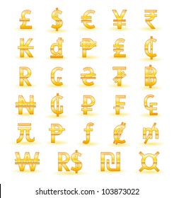 Golden currency symbols of the world