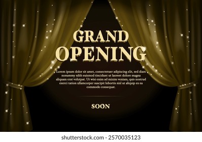 Golden curtain with spotlight. Grand opening announcement witch golden text.