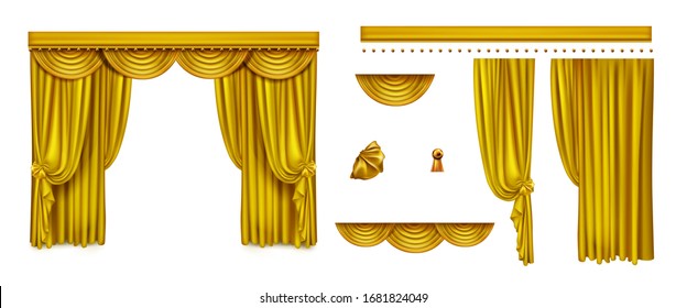 Golden curtains for theater stage or cinema. Vector realistic set of luxury decoration elements for opera or comedy show interior, vintage silk drapery isolated on white background