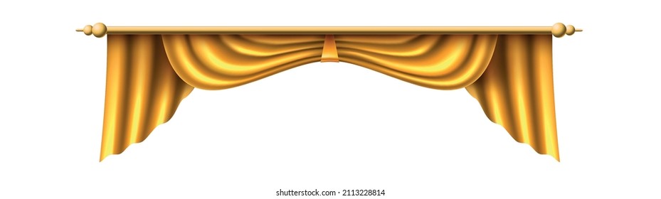 Golden curtains. Theater stage frame. Folded cloth in realistic style