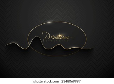 Golden curve line black luxury banner. Golden text on black ellipse label frame. Smooth curved gold line decor. Black geometric zigzag pattern background. Luxury vector background illustration