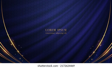 Golden curve and line with glitter light effect decoration on blue fabric luxury background. Vector illustration