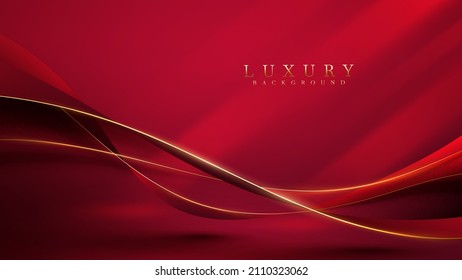 Golden Curve Line On Red Luxury Background With Glitter Light Effects Decoration.