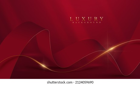 Golden curve line on red luxury background with glitter light effects decoration.