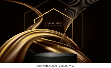 golden curve lines with black podium.presentation backdrop design element.creative and modern abstract poduct display background,futuristic geometric digital award banner.