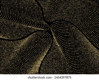 Golden curve lines of multiple rhombus confetti on black. Rich vector background with shiny stardust glitters. Holiday confetti dust curved lines. Christmas glitter flow pattern, glossy lights print.