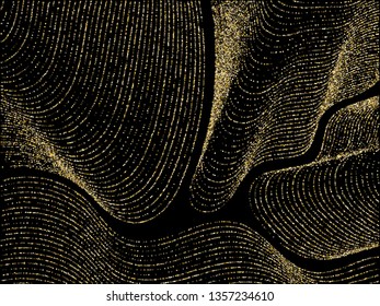 Golden curve lines of multiple square confetti on black. Rich vector background with shiny stardust glitters. Holiday confetti curved lines. Abstract glitter flow pattern, glowing lights design.