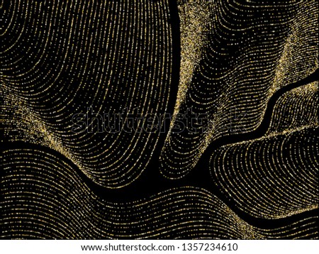 Golden curve lines of multiple square confetti on black. Rich vector background with shiny stardust glitters. Holiday confetti curved lines. Abstract glitter flow pattern, glowing lights design.