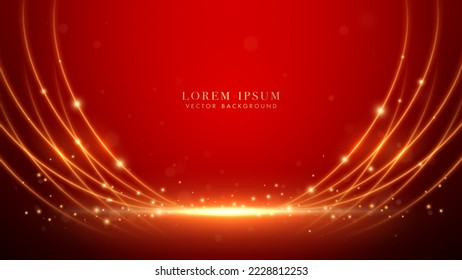 Golden curve lines, shine dots effect and bokeh on red luxury background. Elegant style design template concept. Vector illustration