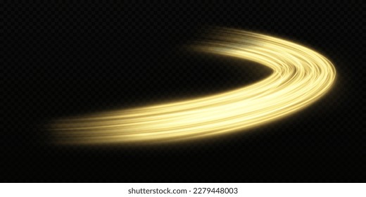 Golden curve wave with shiny effect. Luxury dynamic motion lines effect. Golden sparkling light trail. Colorful sparkle lines on transparent background.