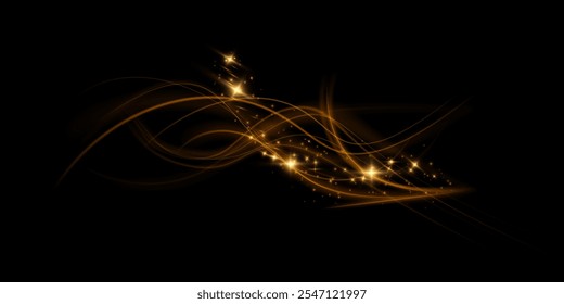 Golden curved light line, rope, ribbon. Smooth festive golden line png with light effects. Light gold swirl png. Golden line curve light effect. Golden garland.