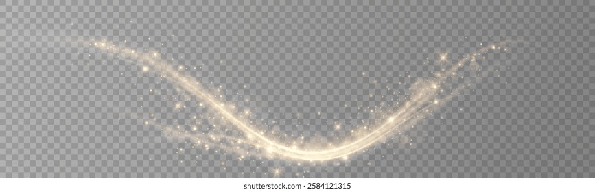 Golden curved light line.Confetti sparkles in a wave. Sparkling magical dust particles.golden stars shine with special light. Magical shining gold dust.