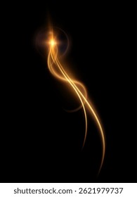 Golden curved light trail with bright explosion and smooth glare on black background. Bright golden comet for fairy tale compositions and game interfaces.
