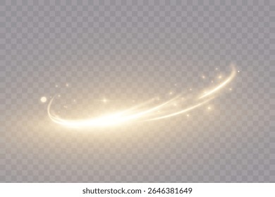 Golden curved light trails with orange glow effect on transparent background. Vector for dynamic graphics, digital overlays, holiday designs or dynamic glowing backgrounds.