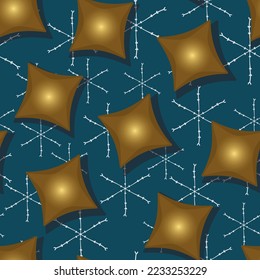 Golden Cushions, a dark cyan vector seamless pattern. Delicate snowflakes on a cool dark background, with cozy golden cushion shapes in front of them. Part of Golden Winter collection by Tamara Rapp.