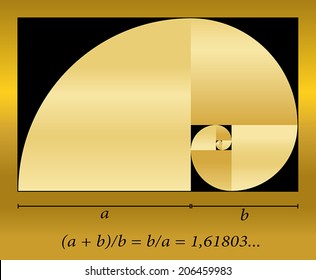 Golden Cut, Shown As A Spiral Out Of Quadrants, Plus Formula. Vector Illustration.