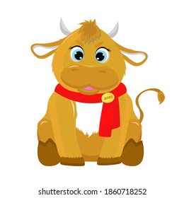 Golden cute bull for christmas card. Vector cartoon stock illustration. Cute animal for New Year. golden bull, symbol of the new year.	