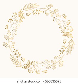 Golden cute round frame. Vector wreath with herbs and leaves.