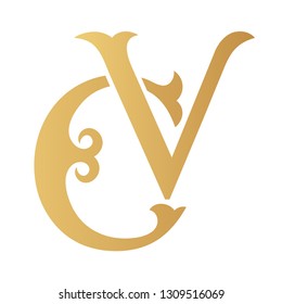 Golden CV monogram isolated in white.