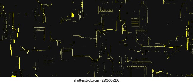 Ciberlíneas doradas sobre fondo oscuro. Rayas amarillas brillantes con chips de rastros tecno y radiadores de refrigeración. Dispositivo electrónico de activación de entrada y protección de vectores