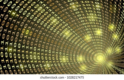 Golden Cyber space Binary code tunnel, vector background. 