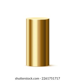 Golden cylinder podium vector illustration. 3D realistic pedestal pipe from gold platform stage for award, round column stand for product display in exhibition.