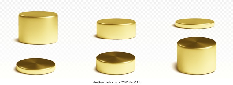 Golden cylinder product podiums in different sizes. Realistic 3D vector illustration set of gold metal round stands for goods displaying or awarding winner. Geometric pillar platform mockup.