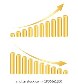 Golden cylinders bar graph with rising and decreasing arrows. Growth and reduction rate symbols. Column chart elements for finance statistical infographic. Vector 3d illustration.