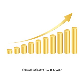 Golden cylinders bar graph with rising arrow isolated on white background. Growth rate symbol. Column chart for finance statistical infographic. Vector illustration.