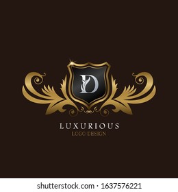 Golden D Logo Luxurious Shield, creative vector design concept for luxury business indentity.