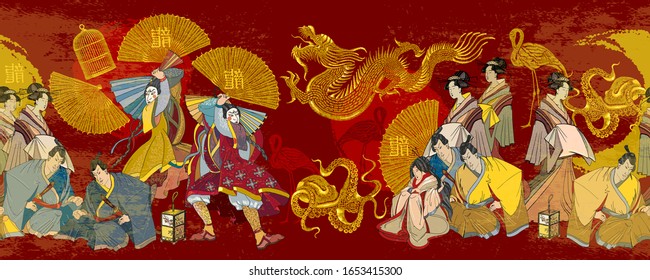 Golden dagon, samurai and geishas. Ancient illustration. Japanese horizontal seamless pattern. Classical engraving art. Asian culture. Kabuki actors. Medieval Japan background 