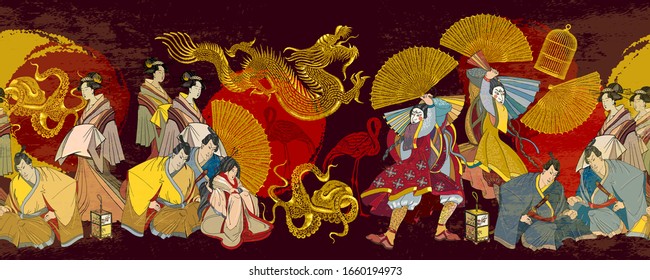 Golden dagon, samurai and geishas. Classical engraving art. Asian culture. Kabuki actors. Medieval Japan background. Ancient illustration. Japanese horizontal seamless pattern 