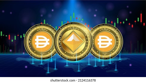 Golden Dai currency coin. Electronic crypto currency modern technology. Digital cryptocurrency block chain market token banner. On world map chart background. 3D Vector.

