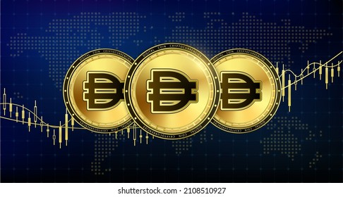 Golden Dai currency. Electronic crypto currency modern technology. Online bank and financial communications. ​International stock exchange. On world map chart background. 3D Vector.
