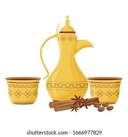 Golden dallah cartoon vector illustration. Oriental coffee ceremony. Spiced beverages. Traditional arabian set flat color objects. Antique turkish kettle isolated on white background