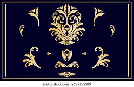 Golden Damask baroque ornament collection. Victorian Flourish Filigree Graphic Elements. Vintage Gold ornate patterns on dark background. Classic calligraphic vector elements.