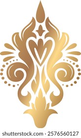 Golden damask ornament elegantly decorating a white background, enhancing luxury design projects, invitations, cards, and premium packaging with a touch of vintage sophistication