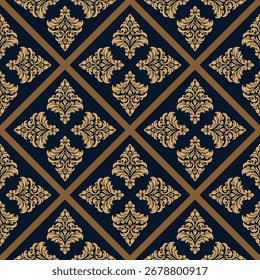 Golden damask pattern on a blue background, seamless, symmetrical. Elegant and luxurious pattern, suitable for various design projects