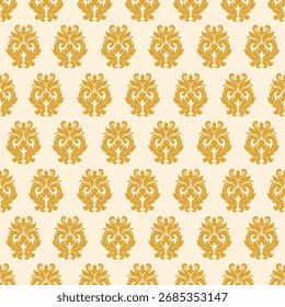 Patrón dorado de damasco sobre un fondo crema, evocando una sensación lujosa y clásica, perfecto para una decoración de estilo vintage, Fondo de pantalla o diseño de impresión.