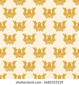 Patrón dorado de damasco sobre un fondo crema, evocando una sensación lujosa y clásica, perfecto para una decoración de estilo vintage, Fondo de pantalla o diseño de impresión.