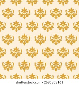 Golden damask pattern on a cream background, evoking a luxurious and classic feel, perfect for vintage-style decor, wallpaper, or print design.