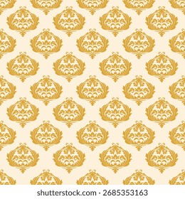 Golden damask pattern on a cream background, evoking a luxurious and classic feel, perfect for vintage-style decor, wallpaper, or print design.