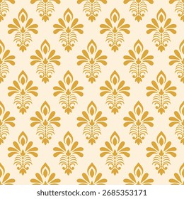 Padrão de damasco dourado em um fundo de creme, evocando uma sensação luxuosa e clássica, perfeito para decoração vintage-estilo, papel de parede ou design de impressão.