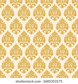 Golden damask pattern on a cream background, evoking a luxurious and classic feel, perfect for vintage-style decor, wallpaper, or print design.